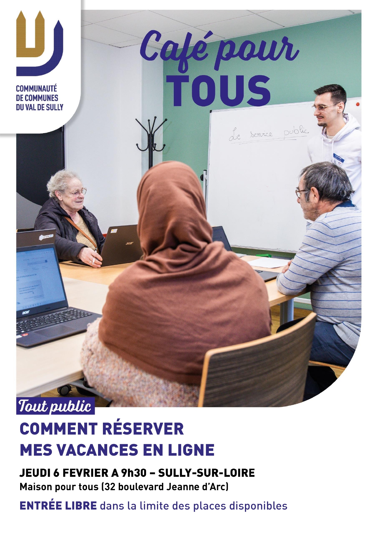 Entrée libre, dans la limite des places disponibles.  Informations par mail : maisonpourtous@valdesully.fr ou par téléphone au 02 21 76 01 72 ou à la Maison pour tous à Sully sur Loire (entrée par l'allée des Jardiniers). 